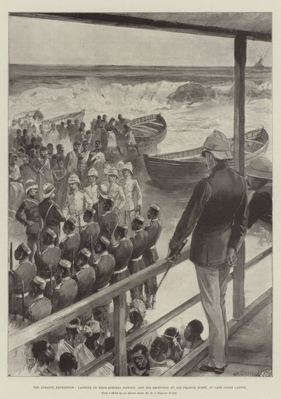 Ashanti-ekspedisjonen, landing av kontreadmiral Rawson, og hans mottakelse av Sir Francis Scott, ved Cape Coast Castle av William Heysham Overend