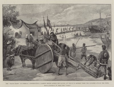 De svarte flaggene i Formosa, konstruerer en bambusbro over lagunen, for å trekke seg tilbake når japanerne angriper fortene av William Heysham Overend