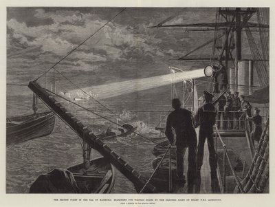 Den britiske flåten i Marmorahavet, søker etter torpedobåter ved det elektriske lyset om bord på HMS Agincourt av William Heysham Overend