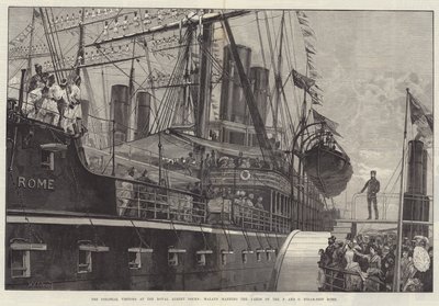 De koloniale besøkende ved Royal Albert Docks, Malays som bemanner verftene til P og O Steam-Ship Roma av William Heysham Overend