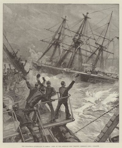 Den katastrofale orkanen i Samoa, mannskapet på det amerikanske skipet Trenton heier på HMS Calliope av William Heysham Overend