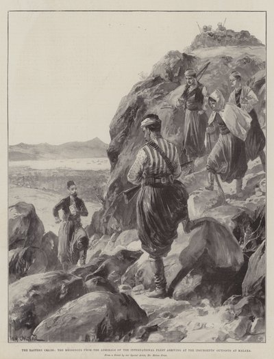 Den østlige krisen, sendebudet fra admiralene til den internasjonale flåten som ankom opprørernes utposter i Malaxa av William Heysham Overend