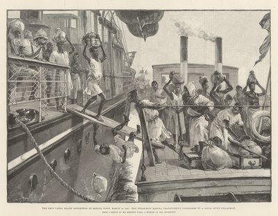 Emin Pasha Relief Expedition ved Banana Point, 18. mars 1887, Steam-Ship Madura overfører passasjerer til en Kongo River Steam-Boat av William Heysham Overend