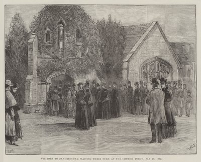 Begravelsen til den avdøde hertugen av Clarence og Avondale, besøkende til Sandringham som venter på tur ved Church Porch, 18. januar 1892 av William Heysham Overend