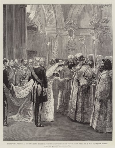 Det keiserlige bryllupet i St Petersburg, bruden mottar hellig vann i St. Peter og St. Pauls kirke før bryllupet av William Heysham Overend
