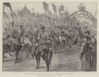 Den nygifte kronprinsen og prinsessen av Roumania i Bucuresti, ankommer det kongelige slott av William Heysham Overend