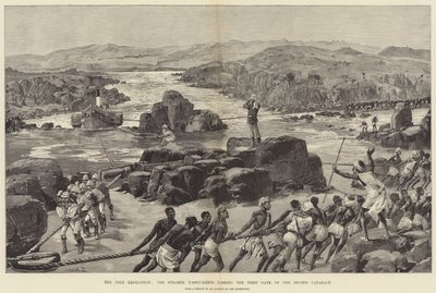 Nilekspedisjonen, dampbåten Nassif-Kheir passerer den første porten til den andre katarakten av William Heysham Overend