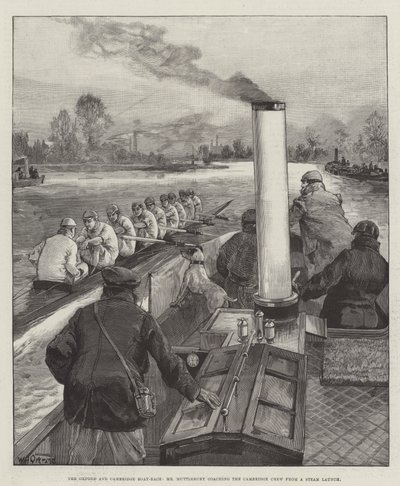 Oxford og Cambridge Boat-Race, Mr Muttlebury trener Cambridge Crew fra en Steam Launch av William Heysham Overend