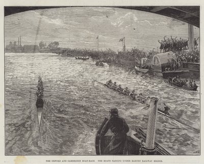 Oxford og Cambridge Boat-Race, båtene som passerer under Barnes Railway Bridge av William Heysham Overend