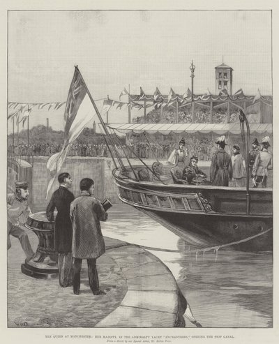 Dronningen i Manchester, Hennes Majestet, i Admiralty Yacht Enchantress, åpner skipskanalen av William Heysham Overend