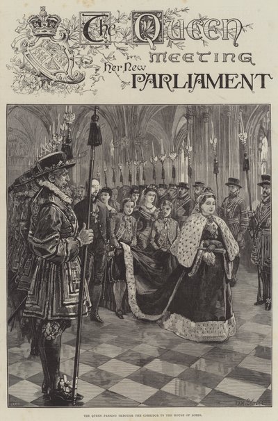 Dronningen møter sitt nye parlament og passerer gjennom korridoren til House of Lords av William Heysham Overend