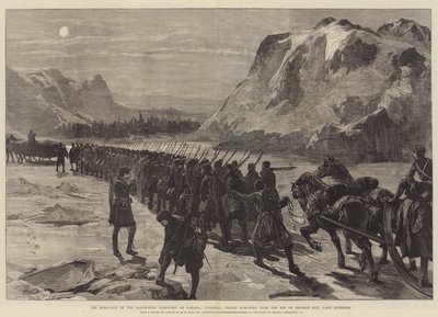 Opprøret i Canadas nordvestlige territorium, kolonitropper som marsjerer over isen i Nepigon Bay, Lake Superior av William Heysham Overend