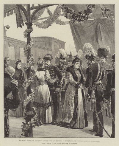 Det kongelige ekteskapet, mottakelse av hertugen og hertuginnen av Edinburgh og prinsesse Marie på Sigmaringen av William Heysham Overend