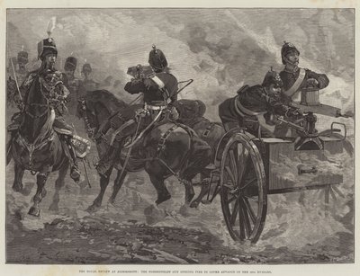 The Royal Review at Aldershot, Nordenfelt Gun åpner ild for å dekke Advance of the 10th Hussars av William Heysham Overend