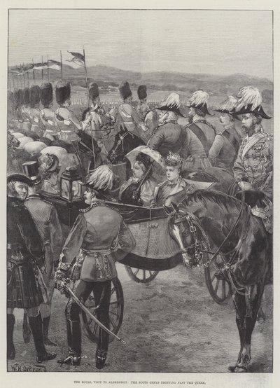 Det kongelige besøket i Aldershot, Scots Greys traver forbi dronningen av William Heysham Overend