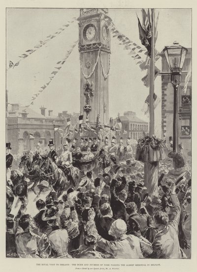 Det kongelige besøket til Irland, hertugen og hertuginnen av York passerte Albert Memorial i Belfast av William Heysham Overend