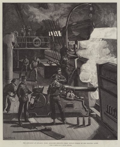 Situasjonen ved Souakim, HMS Albacore beskyter Osman Dignas styrker med det elektriske lyset av William Heysham Overend
