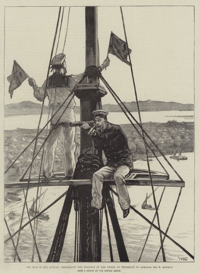 Krigen i Soudan, som signaliserer fiendens posisjon ved Trinkitat til admiral Sir W Hewett av William Heysham Overend