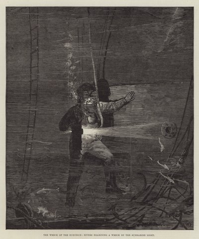 The Wreck of the Eurydice, dykkere som undersøker et vrak ved ubåtlyset av William Heysham Overend
