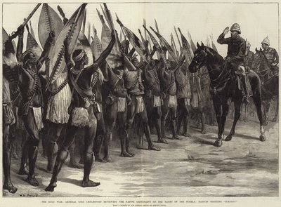 Zulu-krigen, general Lord Chelmsford gjennomgår den innfødte kontingenten på bredden av Tugela, innfødte som roper H-H-Ooo! av William Heysham Overend