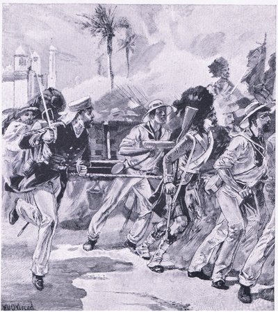 Sjøforsvarsbrigaden fra HMS Shannon ved Lucknow, november 1857, illustrasjon fra British Battles on Land and Sea, 1915 av William Heysham Overend