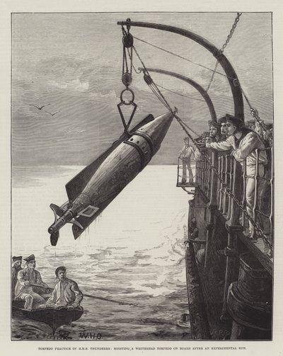 Torpedo-praksis av HMS Thunderer, heising av en Whitehead-torpedo om bord etter et eksperimentelt løp av William Heysham Overend