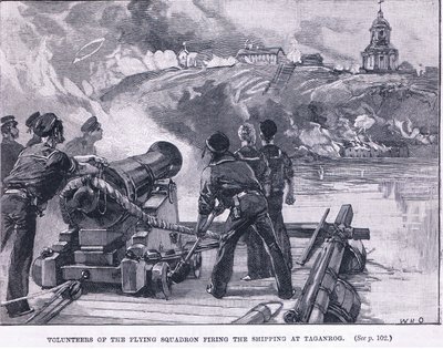 Frivillige fra den flygende skvadronen skyter på skipsfarten ved Taganrog 1855 e.Kr av William Heysham Overend