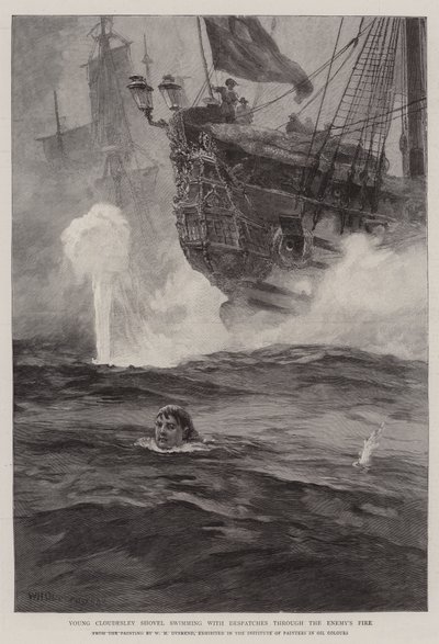 Unge Cloudesley Shovell svømmer med sendinger gjennom fiendens ild av William Heysham Overend