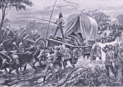 Zulu War: The Estowe Relief Force krysser en bekk, april 1879, illustrasjon fra British Battles on Land and Sea, 1915 av William Heysham Overend