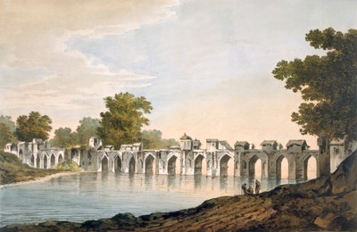 En utsikt over broen ved Ilionpoor over elven Goomty, pub. 1785-88. av William Hodges