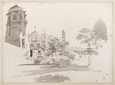 A View of the Cuttera bygget av Jaffier Cawn ved Murishidbad, ca. 1781 (grå vask og blyant på papir) av William Hodges
