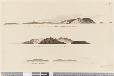 Side 8 (a) Utsikt over Porto Santo som strekker seg fra NNW til WBN 5 miles (b) Utsikt over Porto Santo med 2 ligaer i nord og (c) Utsikt over Desertørene av William Hodges