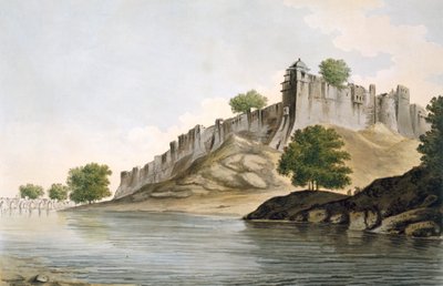 Pl. 33 En utsikt over Fort of Ilionpoor ved bredden av elven Goomty fra "Select Views in India", pub. 1785-88 (farget etsning med akvatint) av William Hodges