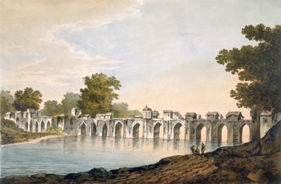 Pl. 34 En utsikt over broen ved Ilionpoor over elven Goomty fra "Select Views in India", pub. 1785-88 (farget etsning med akvatint) av William Hodges