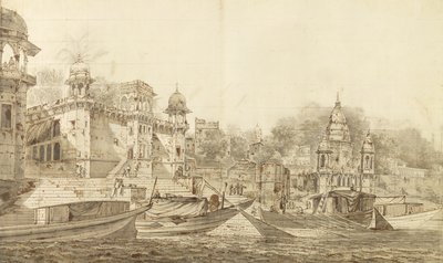 Utsikt over en del av byen Benares, ca. 1781 (grå vask med pensel og blekk over blyant på papir lagt på vaskefeste) av William Hodges