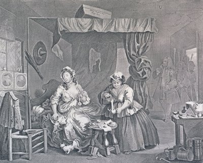 A Harlot's Progress, plate tre: arrestert av en sorenskriver, 1732 (etsing og gravering) av William Hogarth