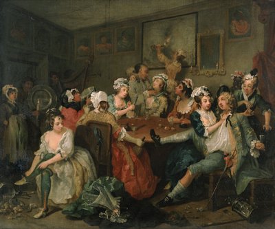 A Rake's Progress III: The Rake at the Rose-Tavern av William Hogarth