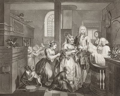 A Rake? S Progress, Plate 5: The Rake Marrying an Old Woman / The Path of a Dissolute, Blad 5: Tom Rakewell gifter seg med en rik gammel kvinne). 1735 av William Hogarth