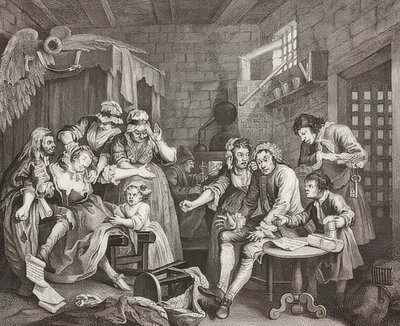 A Rake?S Progress, Plate 7: The Rake in Prison / The Path of a Disciplinary, Blad 7: Tom Rakewell i fengselet. 1735 av William Hogarth