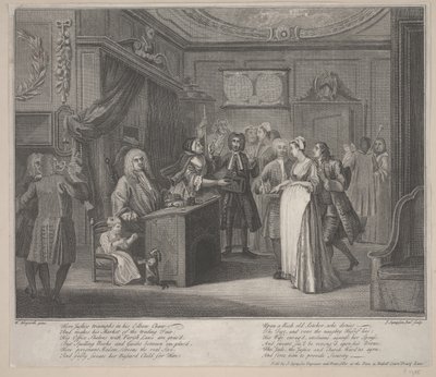 En kvinne som sverger et barn til en gravborger, ca. 1730-35 (radering) av William Hogarth