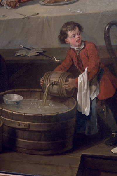 En distrahert hodestokk heller et fat med konjakk på en halv tønne med skitne søl, detalj fra An Election, Scene I, An Election Entertainment, 1744-45 av William Hogarth