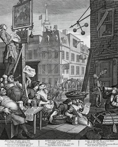 Beer Street, London, gravering av William Hogarth (1697-1764), Storbritannia av William Hogarth