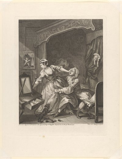 "Før" Mann trekker en motvillig kvinne mot seg på et soverom før (tittel på objekt) Før og etter (serietittel) Før og etter (serietittel) av William Hogarth