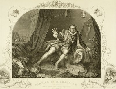 David Garrick (1717-79) som Richard III, Act V Scene 3, i stykket av William Shakespeare (1564-1616) gravert av Portbury av William Hogarth