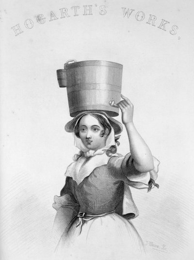 Skildring av J Moore som gravering av Milk Maid fra Hogarths Enraged Musician av William Hogarth