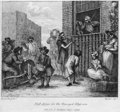 Første design for The Enraged Musician, 1799 av William Hogarth