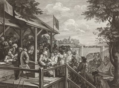 Fire utskrifter av et valg / De generelle valgene. Ark 3: Avstemningen / Avstemningen. 1758 av William Hogarth