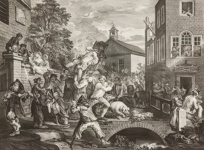 Fire utskrifter av et valg / De generelle valgene. Blad 4: Leder av medlemmene / Triumftoget til parlamentsmedlemmer. 1758 av William Hogarth