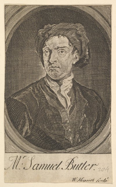 Frontispice-portrett sytten små illustrasjoner for Samuel Butlers Hudibras, april 1726. av William Hogarth