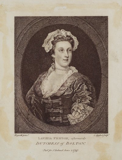 Lavinia Fenton, etterpå hertuginne av Bolton, gravert av Cornelius Apostool (1762-1844), 1797 (stippgravering) av William Hogarth